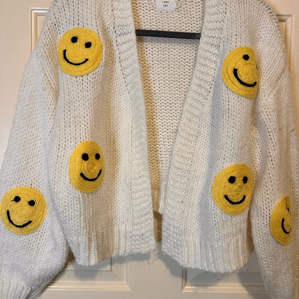 Luna Ivy Knit White Chunky Boho Cardigan with Yellow Smiley Faces